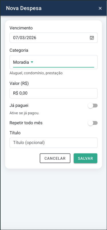 Tela de lançamento de gastos